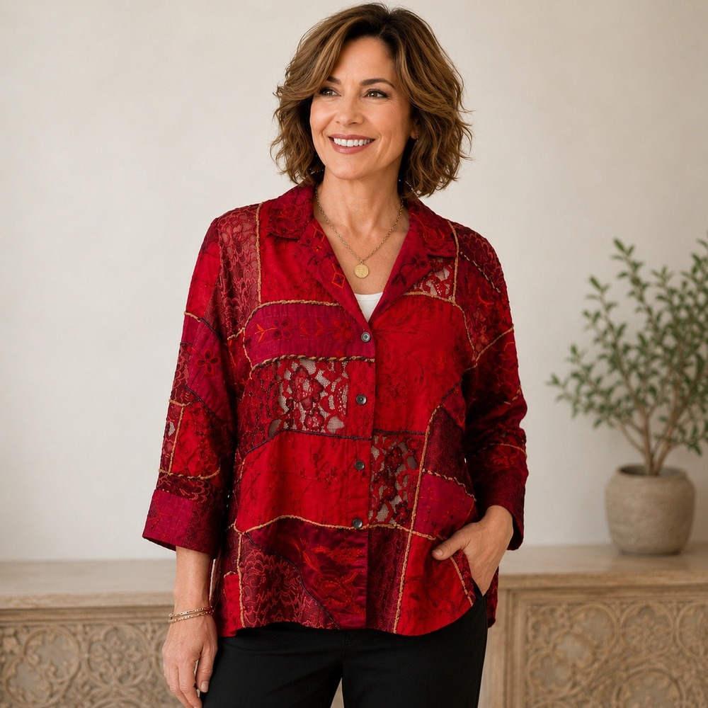 Chicos Design Red Silk Blend Patchwork Lace Embroidered Jacket Top Womens Size 2